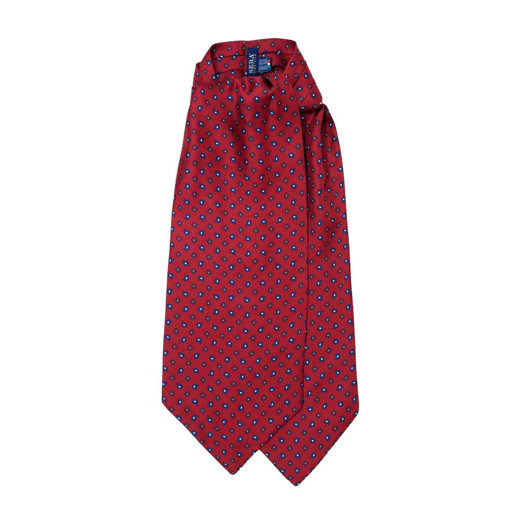 Red Silk Ascot with Small Paisley and Flowers Serà Fine Silk