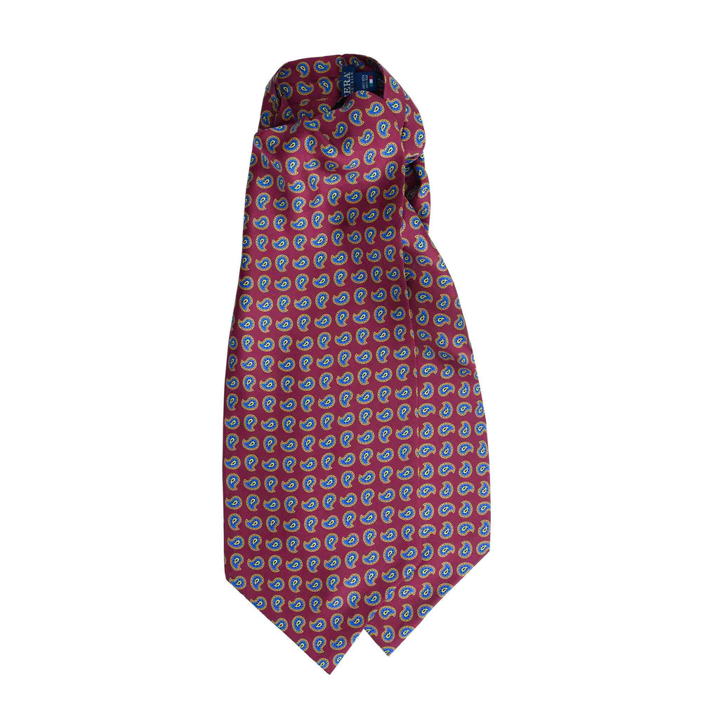 Red Ruffle Ascot Red Silk Ascot with Blue Paisley | Serà Fine Silk