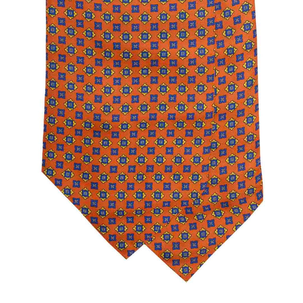 Roms Pattern Orange Silk Ascot with Blue Rombs Pattern | Serà Fine Silk