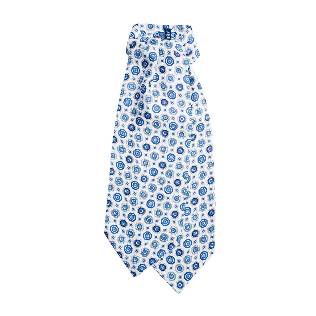 White Silk Ascot with Big Blue Medallions Serà Fine Silk