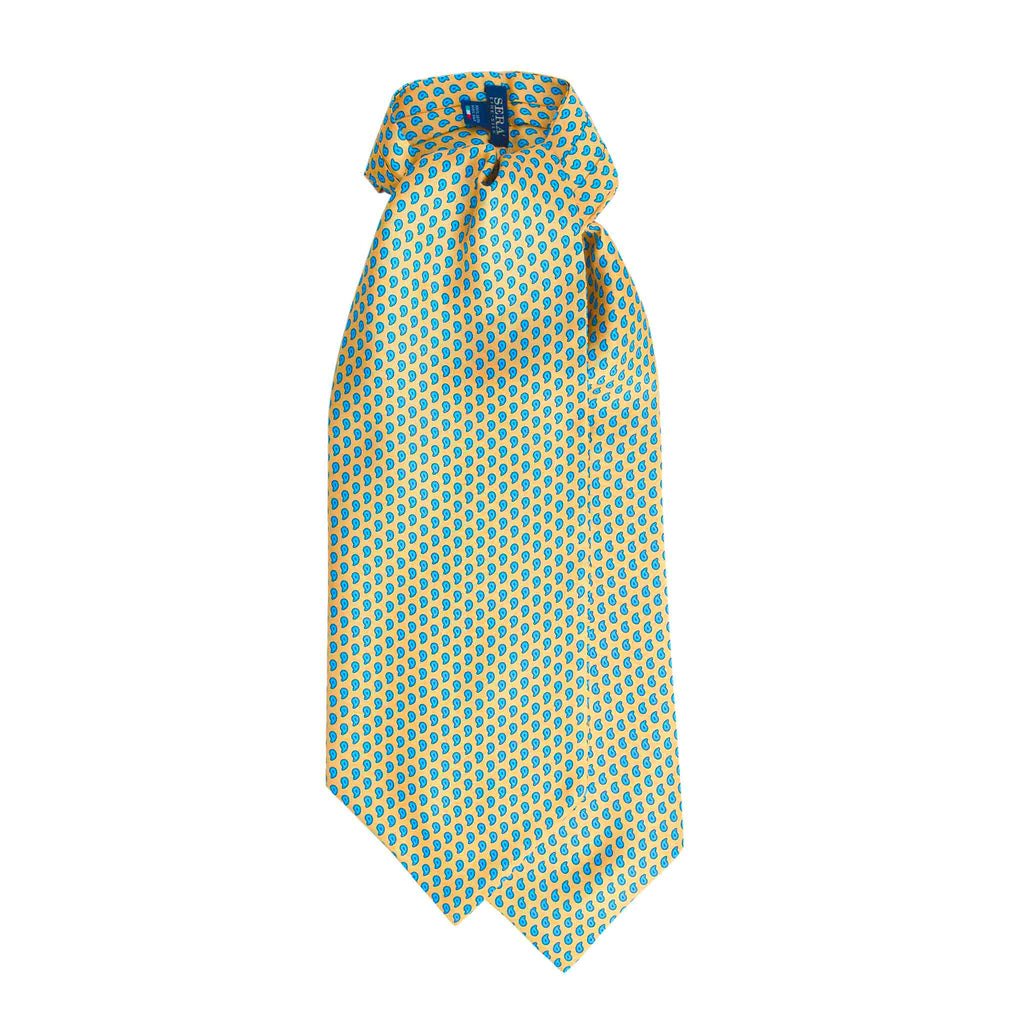 Yellow Silk Ascot with Small Blue Paisley Serà Fine Silk