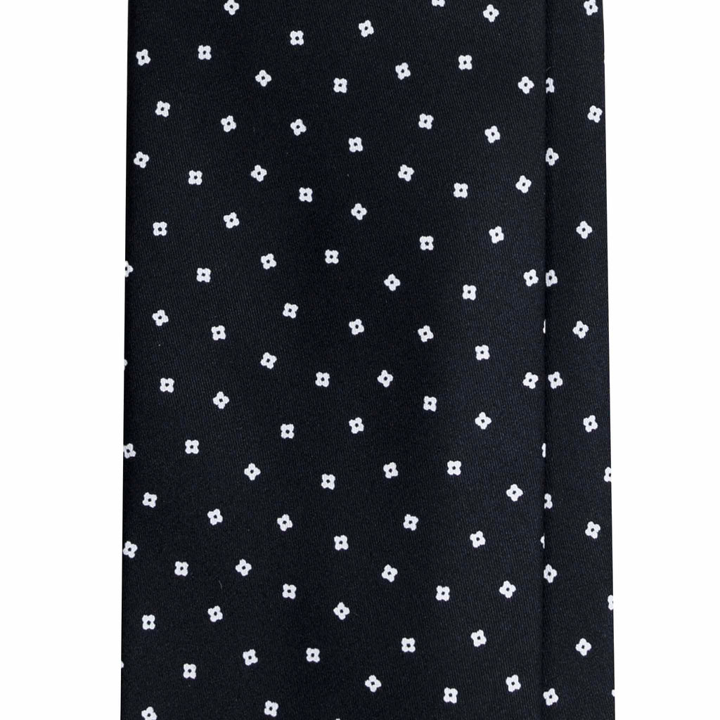 Black Silk Tie with Small Floral Geometric Pattern Serà Fine Silk