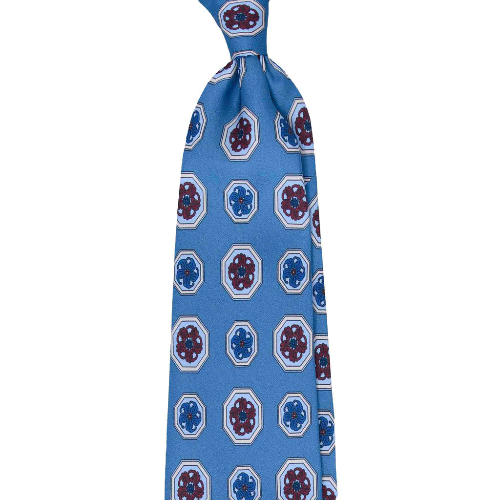 Light Blue Silk Tie with Burgundy Medallions Serà Fine Silk