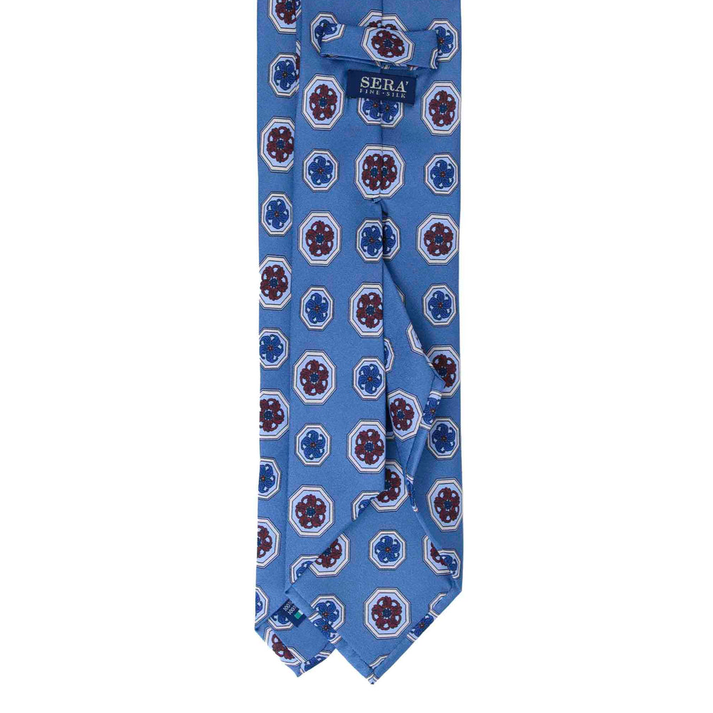 Light Blue Silk Tie with Burgundy Medallions Serà Fine Silk