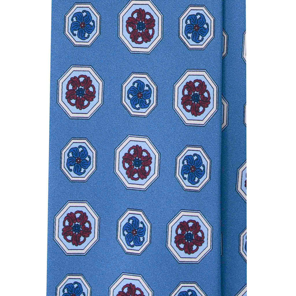Light Blue Silk Tie with Burgundy Medallions Serà Fine Silk