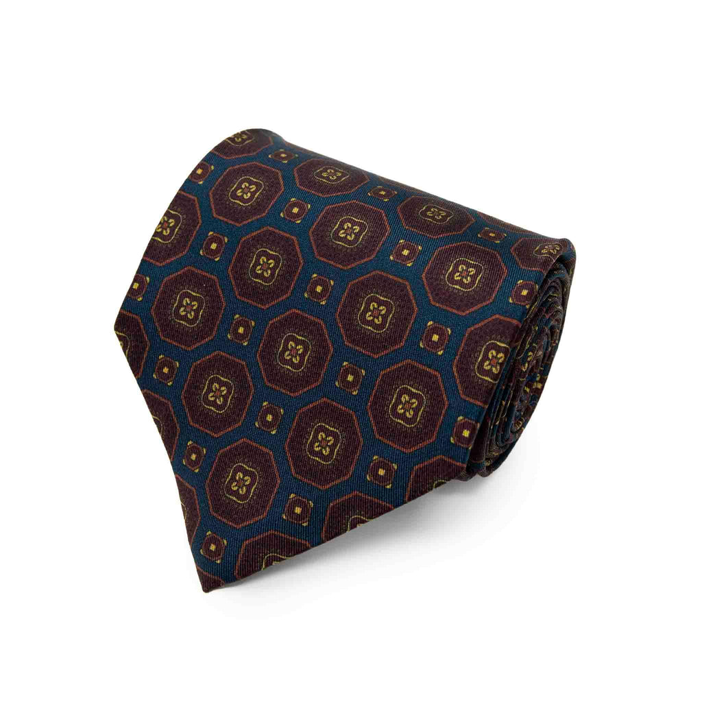 Blue with Brown Medallions Silk Tie Serà Fine Silk