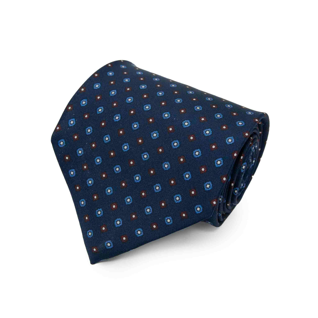 Blue and Burgundy Geometric Small Flowers Pattern Silk Tie Serà Fine Silk