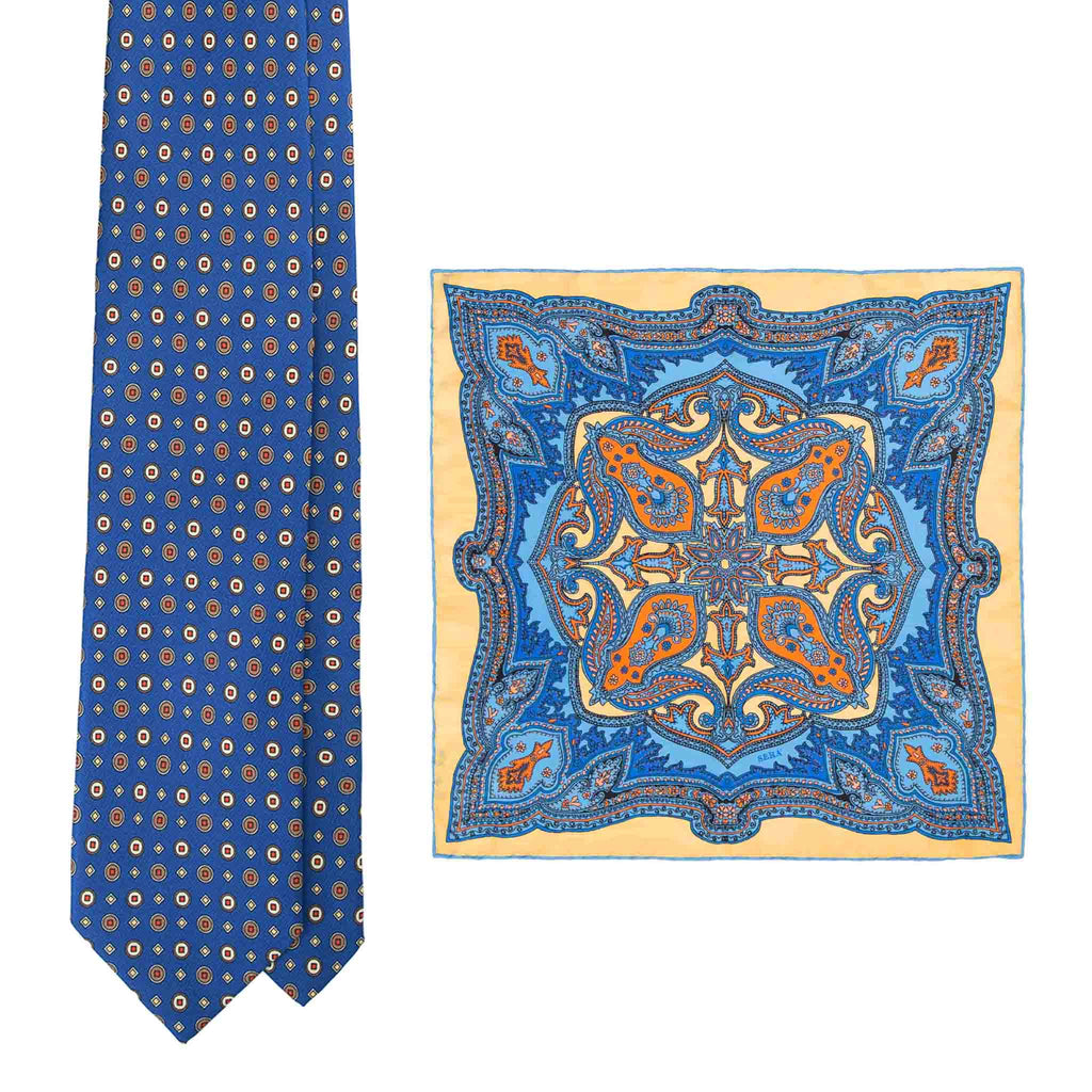 Blue Geometric Tie & Vanilla Ripasso Pocket Square Set Serà Fine Silk