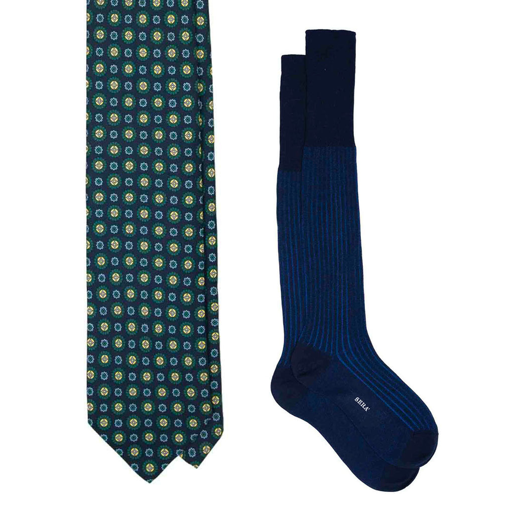 Blue Silk Tie & Navy Cotton Striped Socks Set Serà Fine Silk