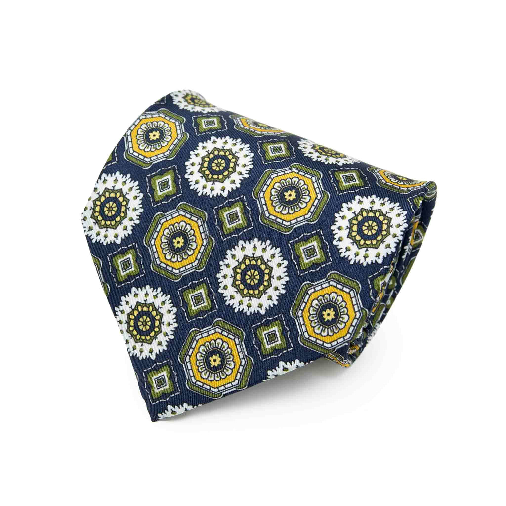 Blue with Green Medallions Silk Tie Serà Fine Silk