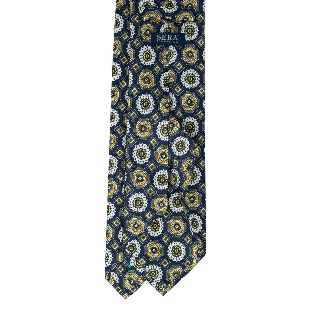 Blue with Green Medallions Silk Tie Serà Fine Silk