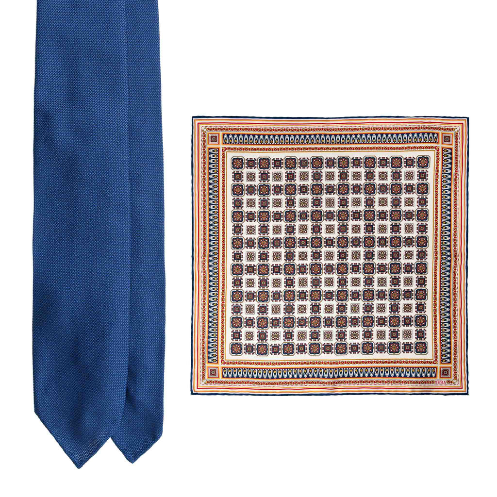 Blue grenadine tie and Como silk pocket square Set Serà Fine Silk