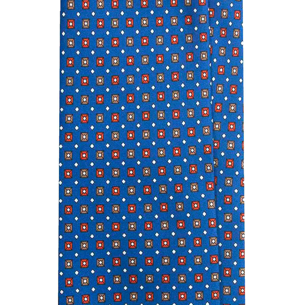Blue Silk Tie with Orange Square Pattern Serà Fine Silk