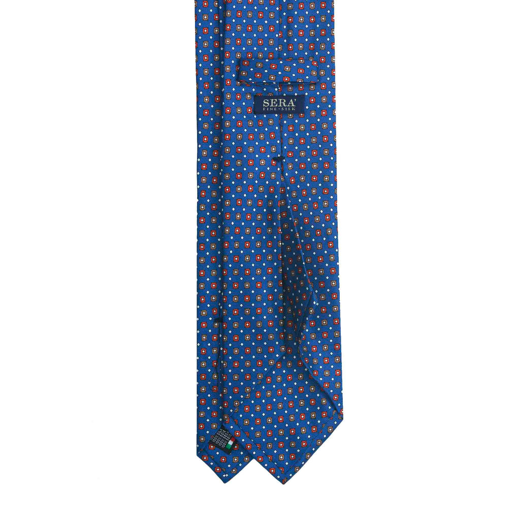 Blue Silk Tie with Orange Square Pattern Serà Fine Silk