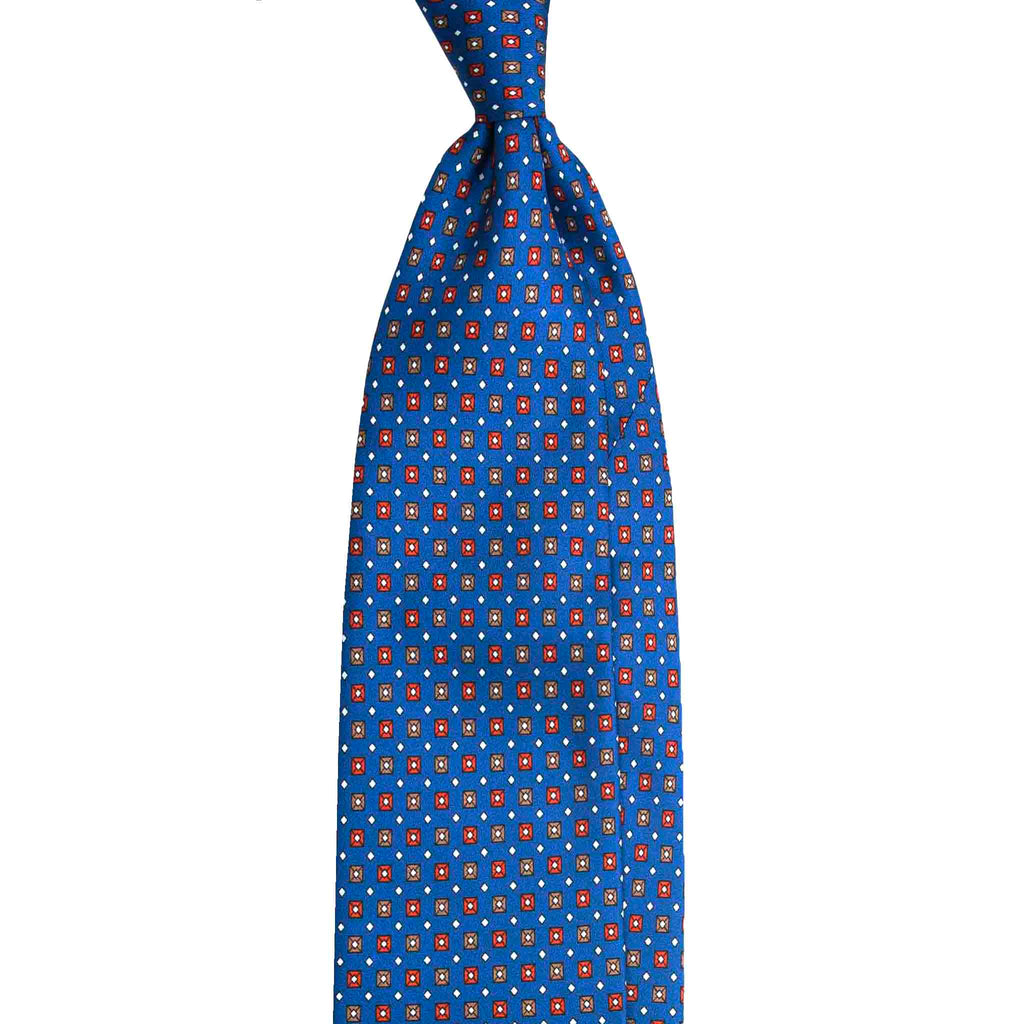 Blue Silk Tie with Orange Square Pattern Serà Fine Silk