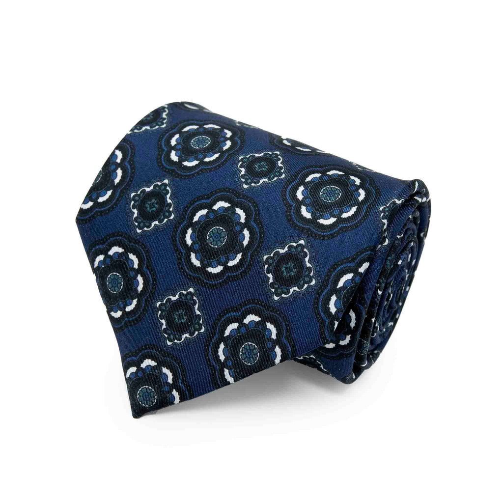  Blue and White Medallions Silk Tie Serà Fine Silk