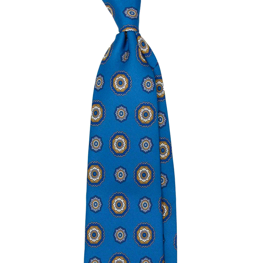 Blue Silk Tie with Big Yellow Flowers Serà Fine Silk