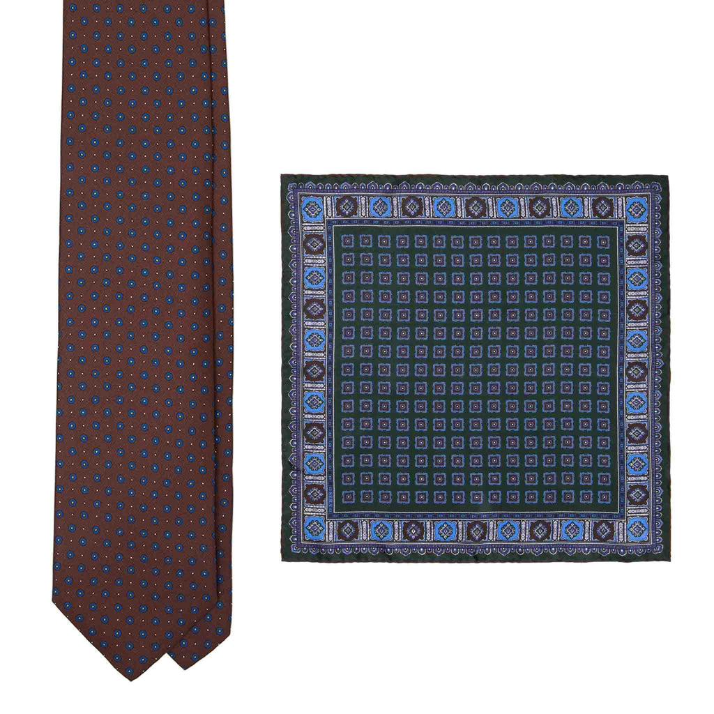 Brown Circles Tie & Flowers Primitivo Pocket Square Serà Fine Silk