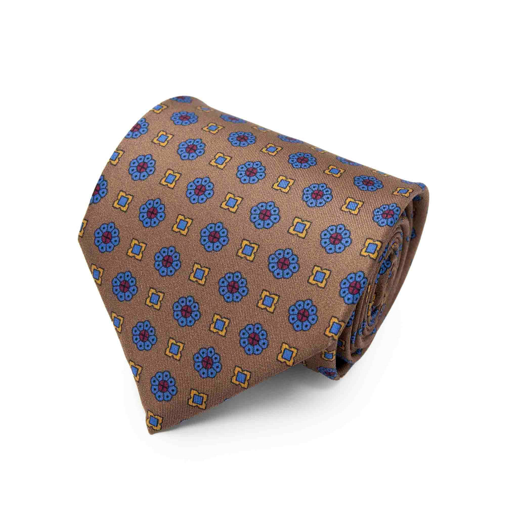 Brown with Light Blue Flowers Pattern Silk Tie Serà Fine Silk