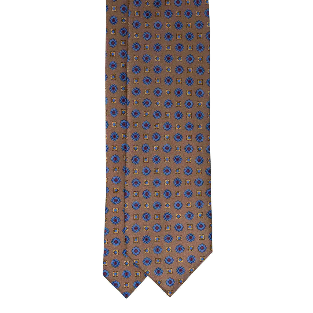 Brown with Light Blue Flowers Pattern Silk Tie Serà Fine Silk