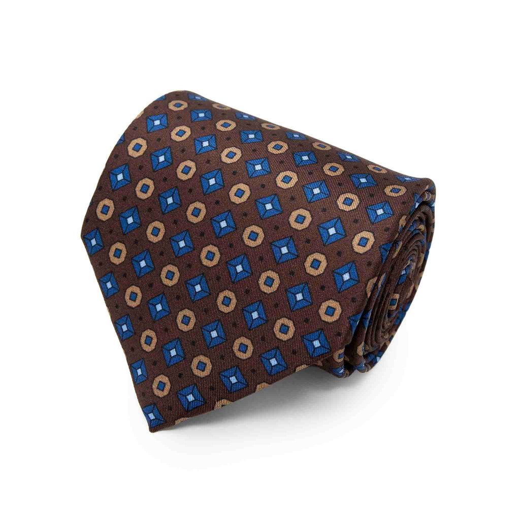 Brown with Light Blue Geometric Pattern Silk Tie Serà Fine Silk