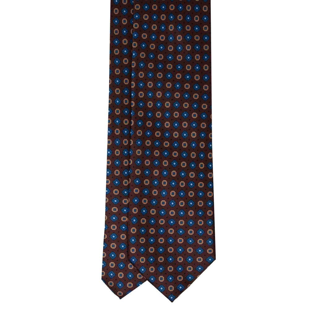 Brown with Light Blue Geometric Pattern Silk Tie Serà Fine Silk