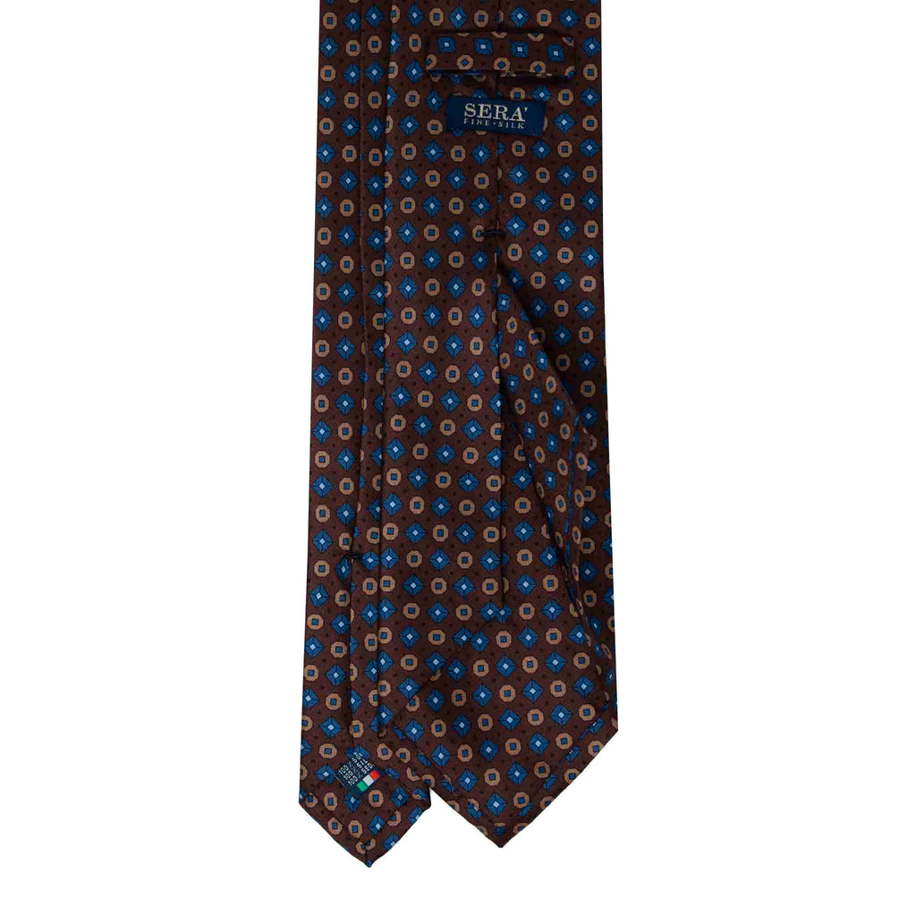 Brown with Light Blue Geometric Pattern Silk Tie Serà Fine Silk