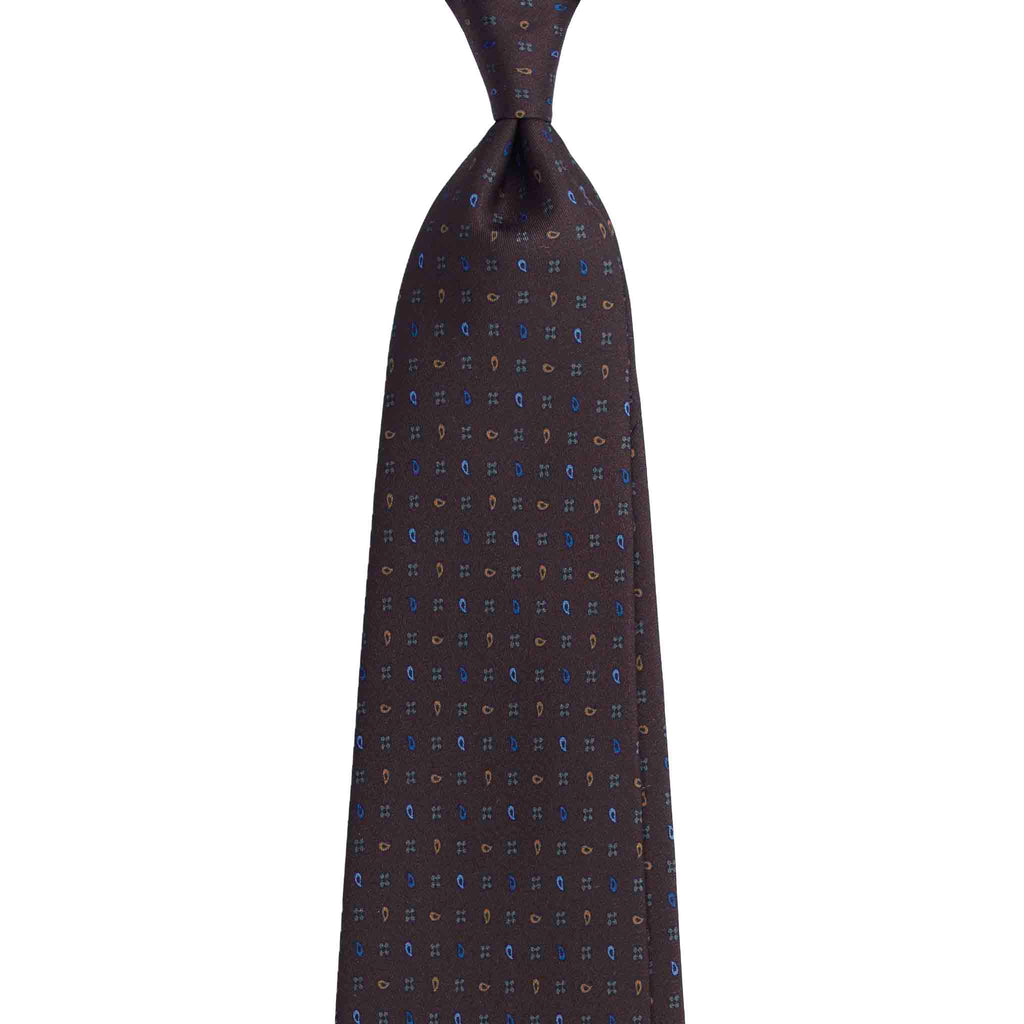 Brown Silk Tie with Paisley and Flowers Pattern Serà Fine Silk