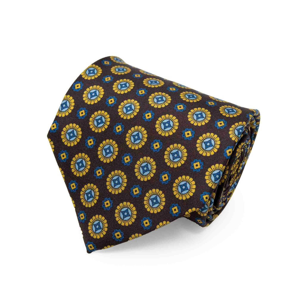 Brown and Yellow Medallions Silk Tie Serà Fine Silk