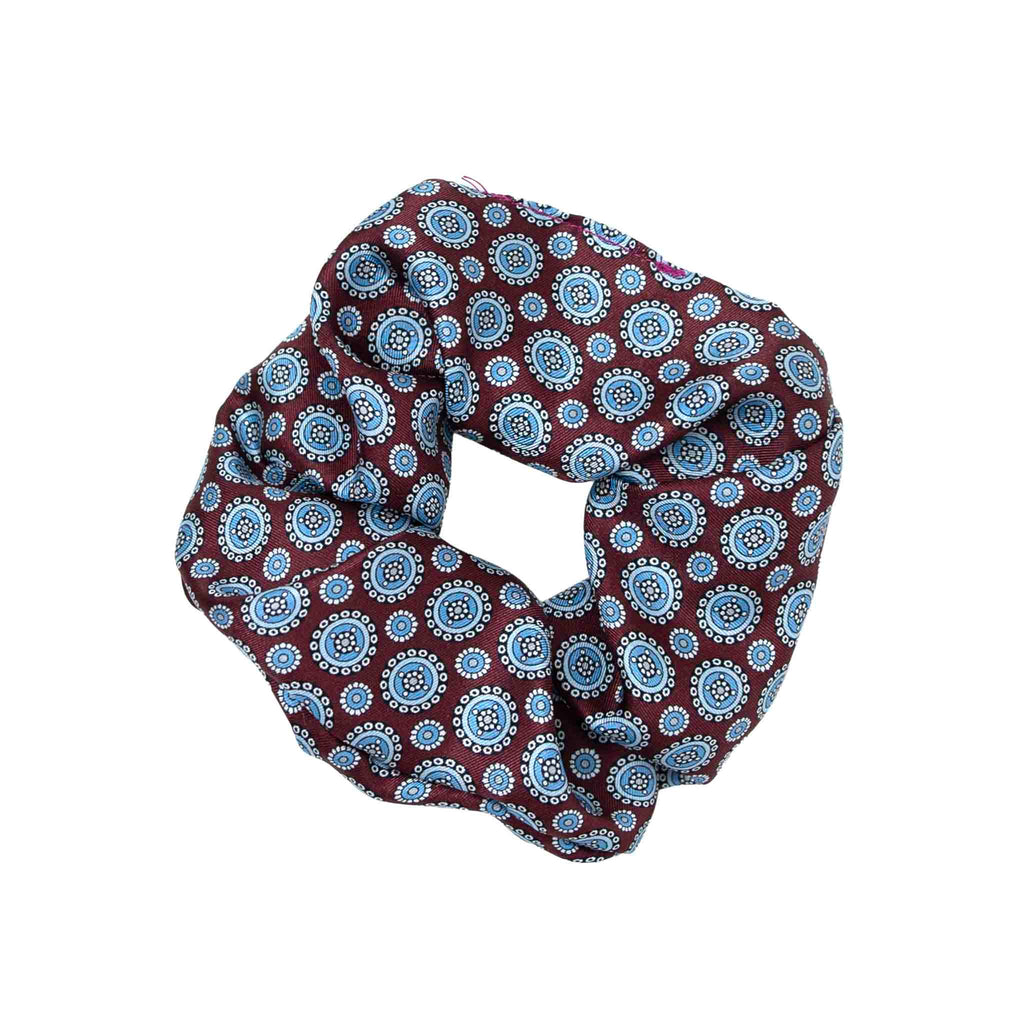 burgundy light blue round pattern silk scrunchy