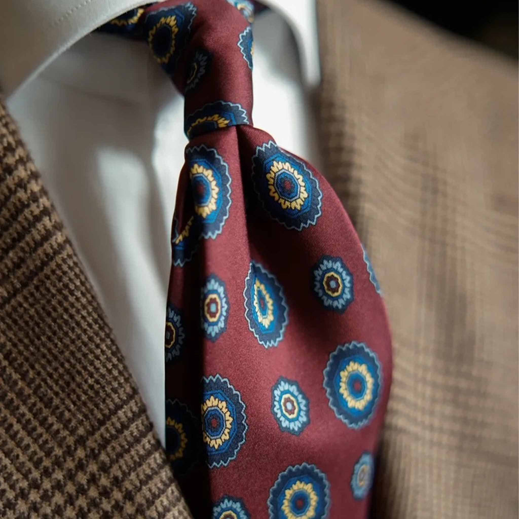 Burgundy Silk Tie with BIg Blue Flowers  Serà Fine Silk