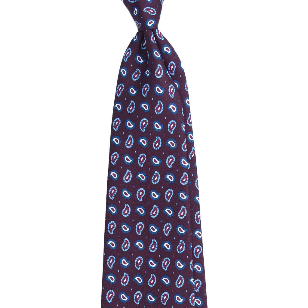 Burgundy Silk Tie with Blue and White Paisley Pattern Serà Fine Silk