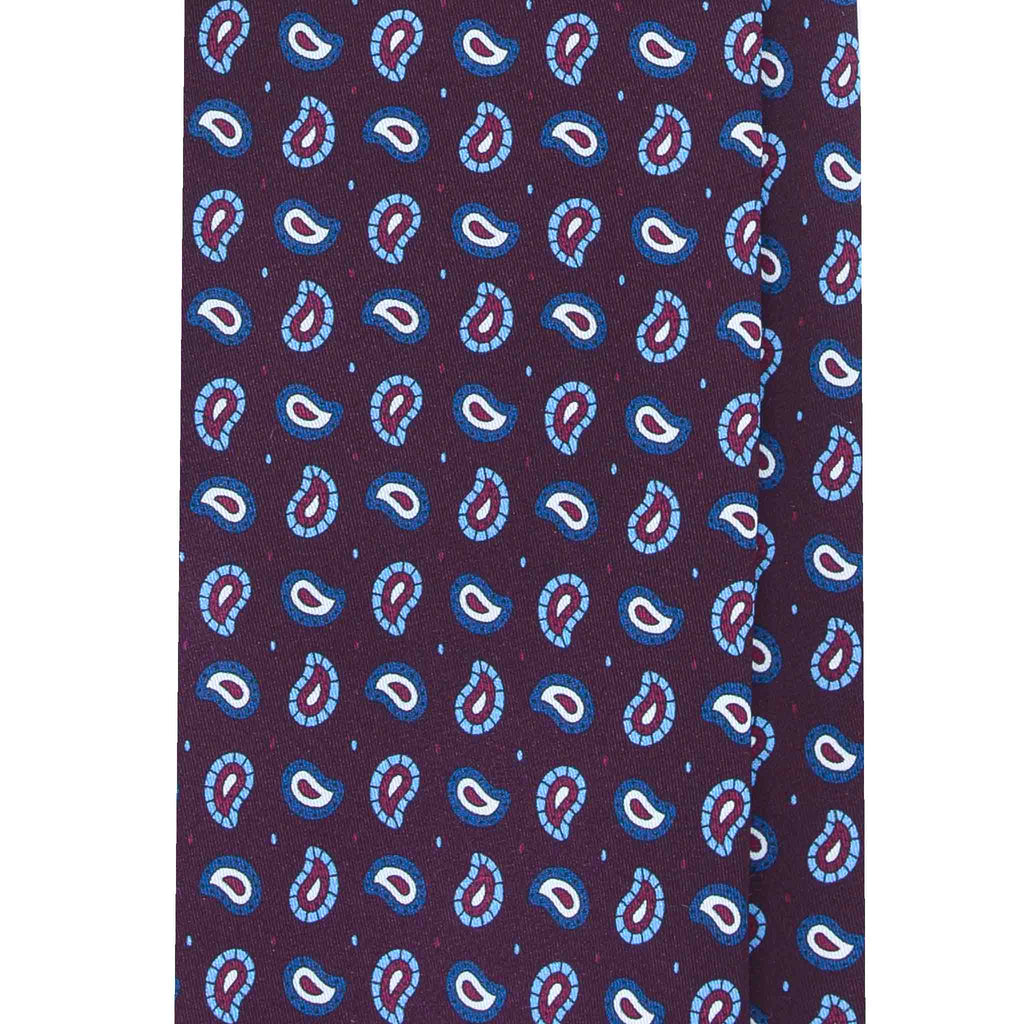 Burgundy Silk Tie with Blue and White Paisley Pattern Serà Fine Silk