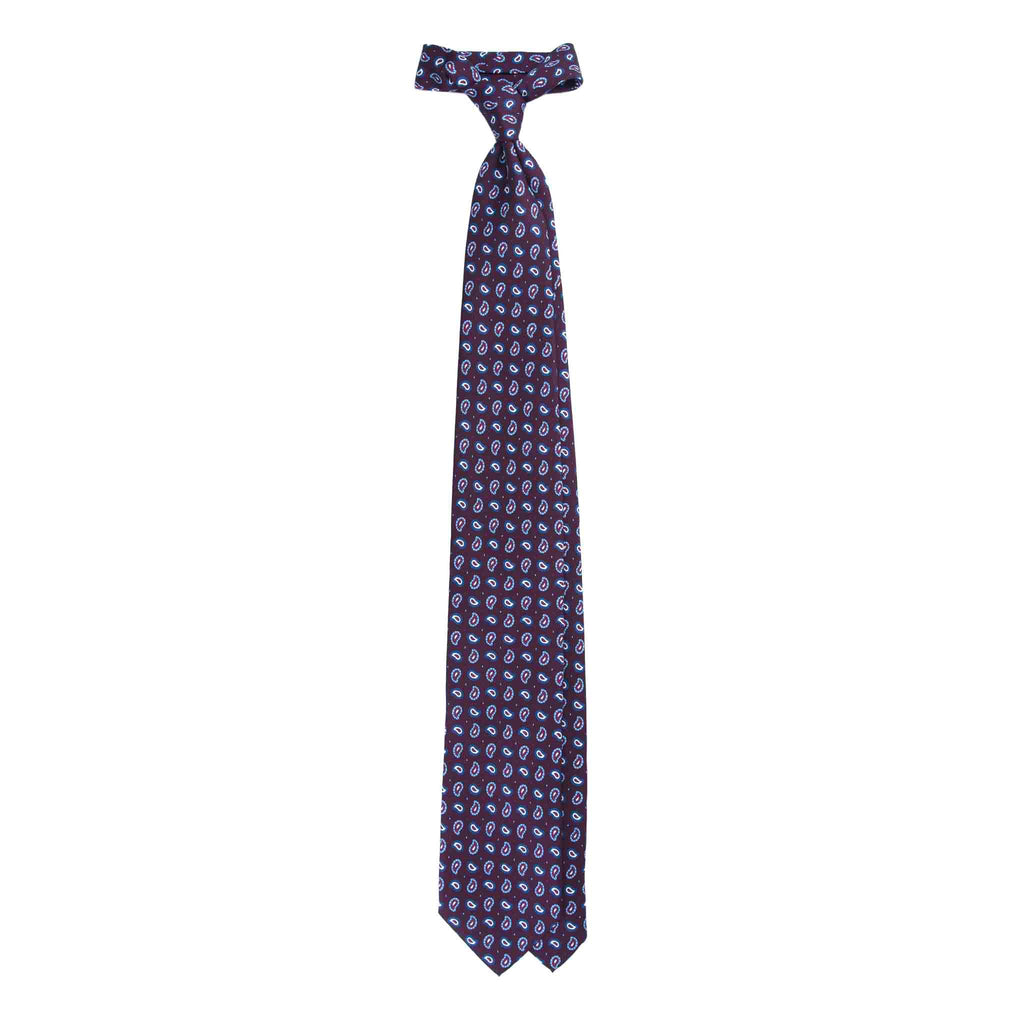 Burgundy Silk Tie with Blue and White Paisley Pattern Serà Fine Silk
