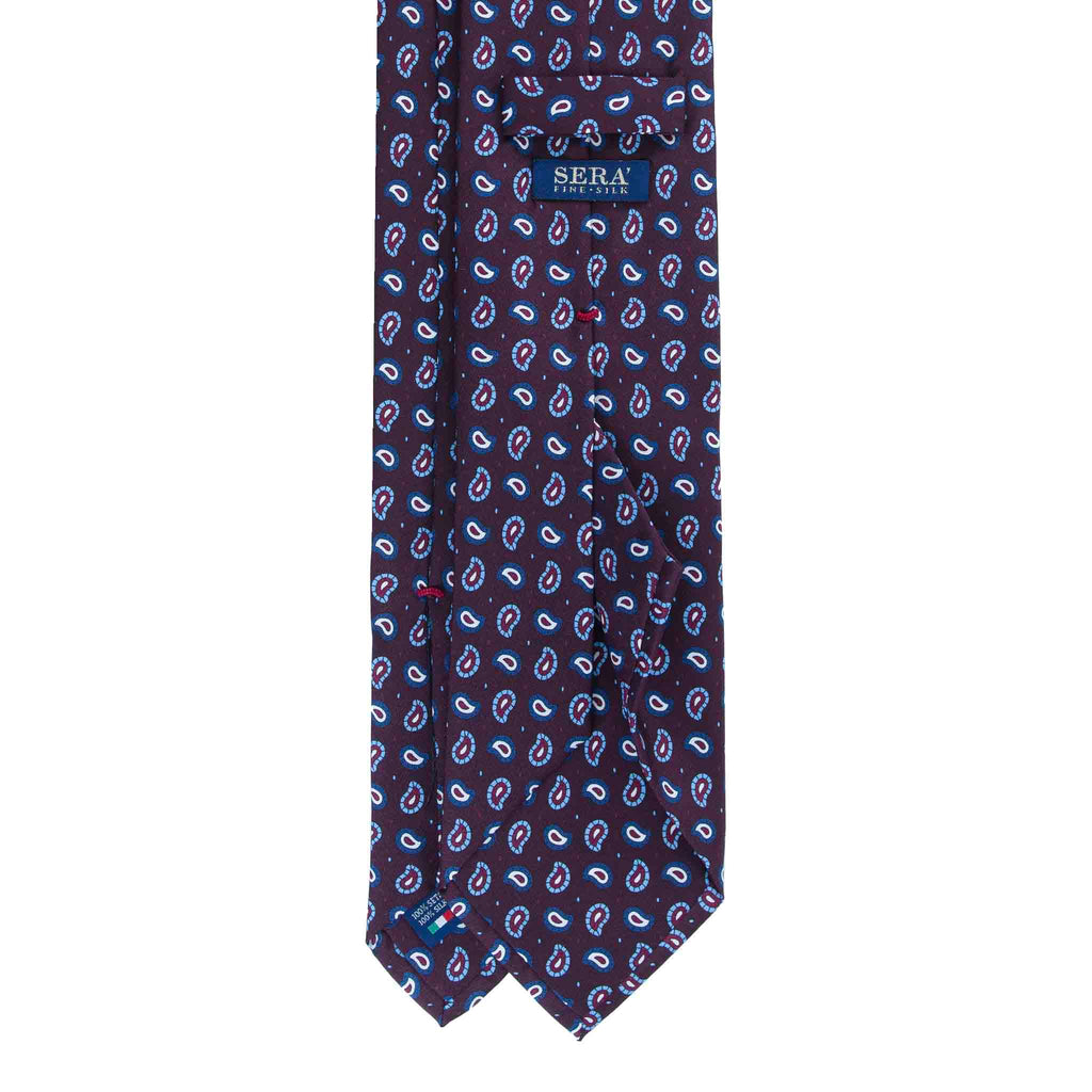 Burgundy Silk Tie with Blue and White Paisley Pattern Serà Fine Silk