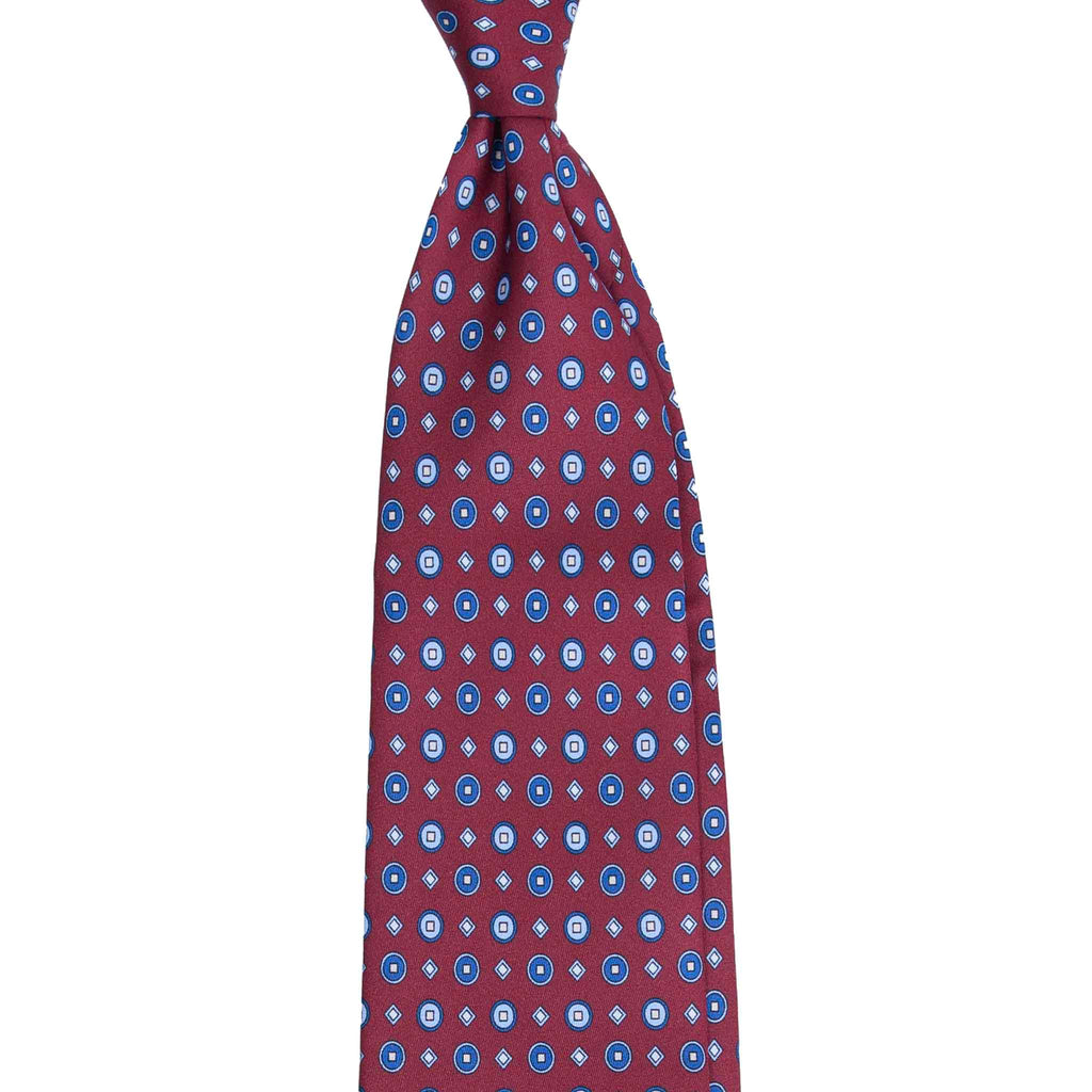 Burgundy Silk Tie with Blue Geometric Pattern Serà Fine Silk