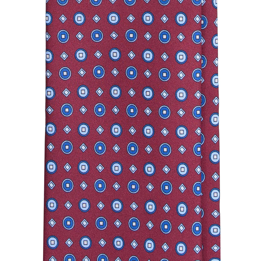 Burgundy Silk Tie with Blue Geometric Pattern Serà Fine Silk