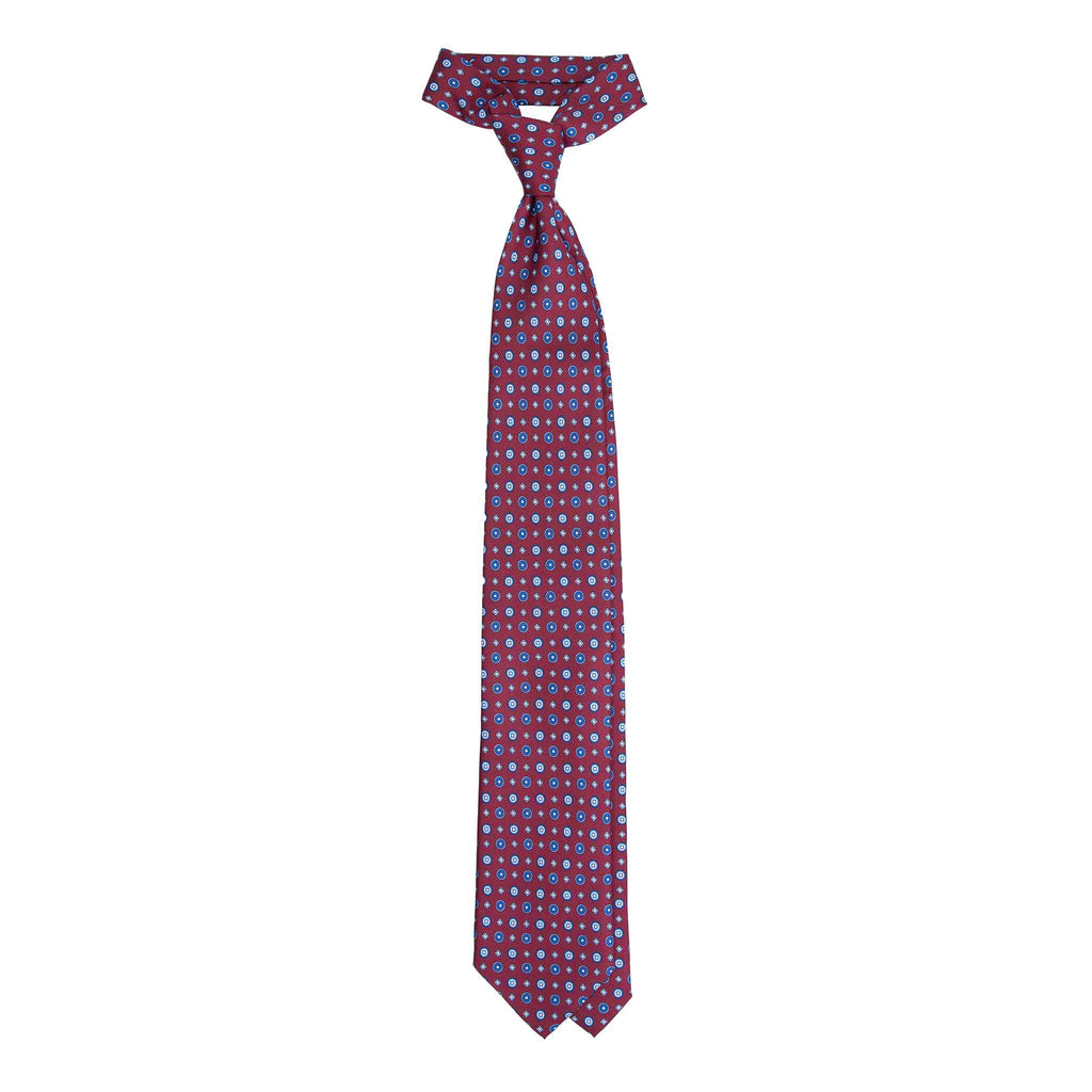 Burgundy Silk Tie with Blue Geometric Pattern Serà Fine Silk