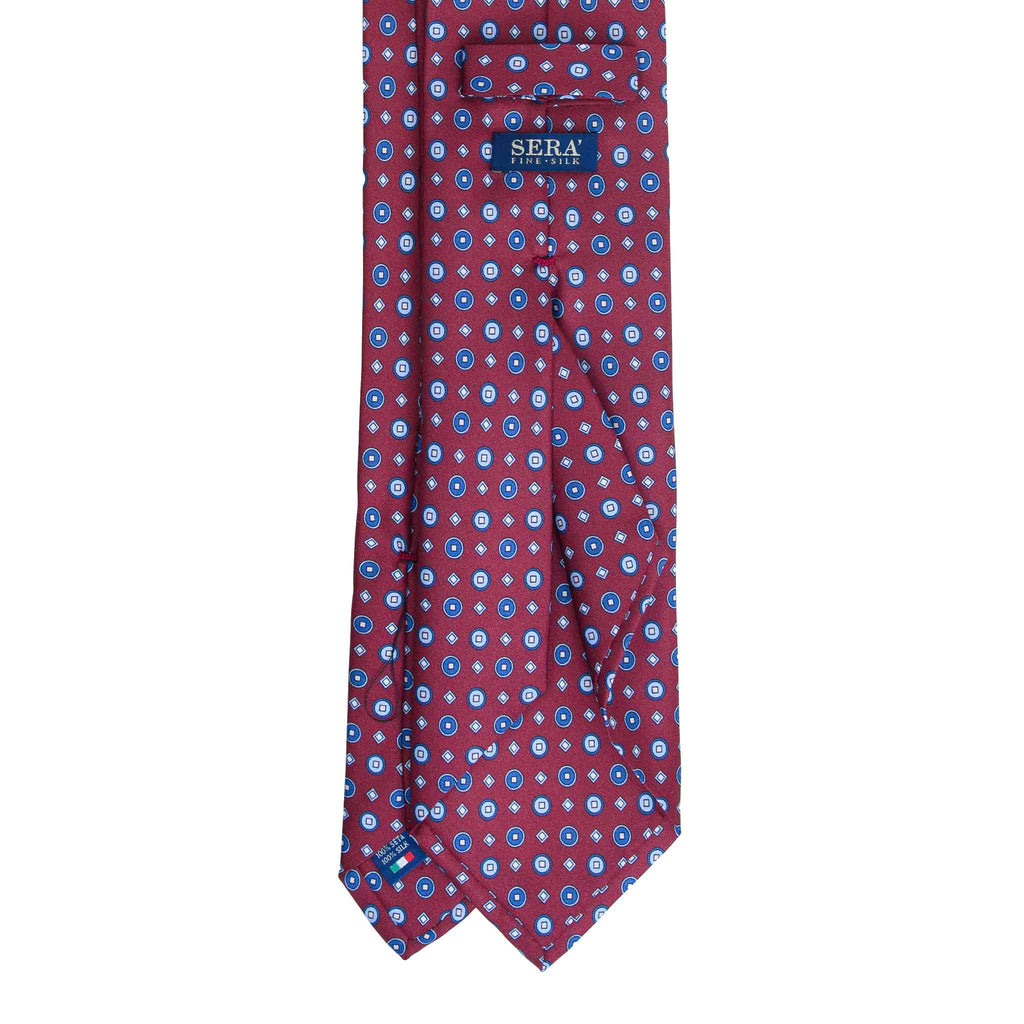 Burgundy Silk Tie with Blue Geometric Pattern Serà Fine Silk