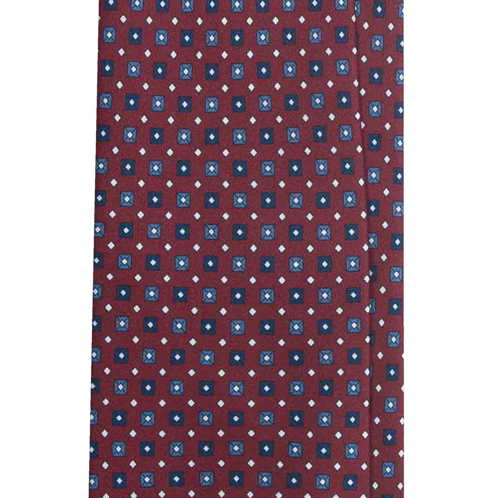 Burgundy Silk Tie with Blue Square Pattern Serà Fine Silk