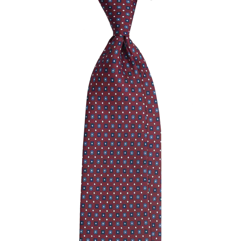 Burgundy Silk Tie with Blue Square Pattern Serà Fine Silk