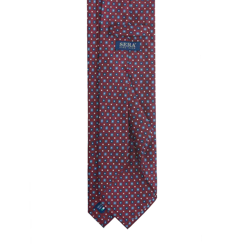 Burgundy Silk Tie with Blue Square Pattern Serà Fine Silk