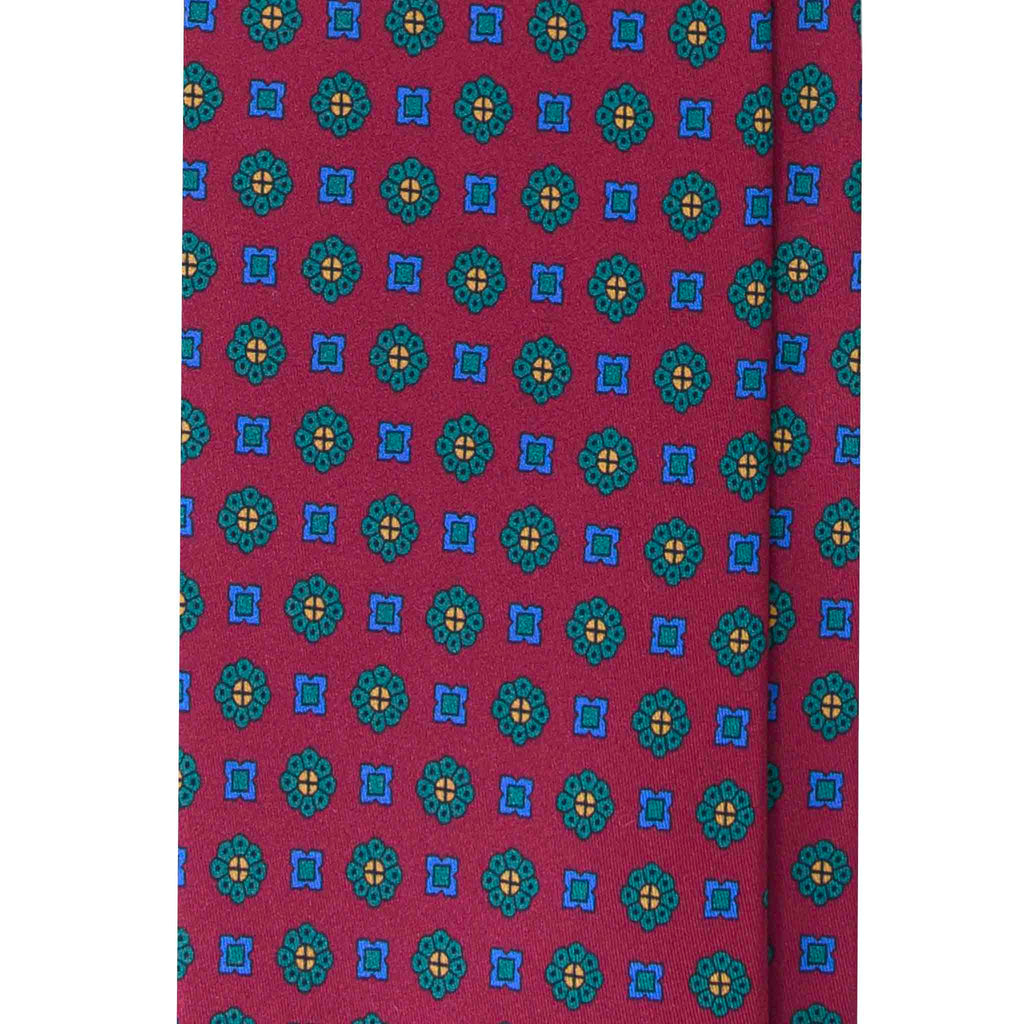 Burgundy Silk Tie with Green Flowers Pattern Serà Fine Silk
