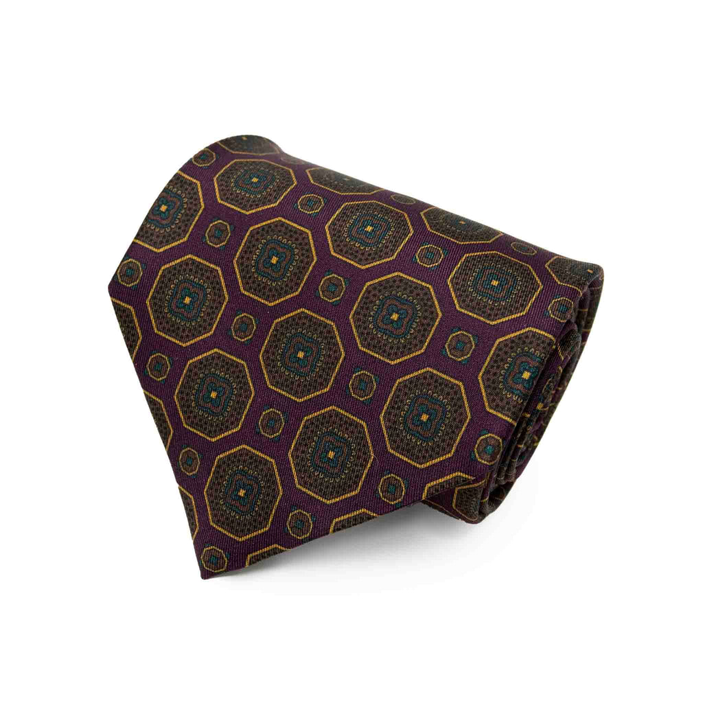 Burgundy with Yellow Medallions Silk Tie Serà Fine Silk