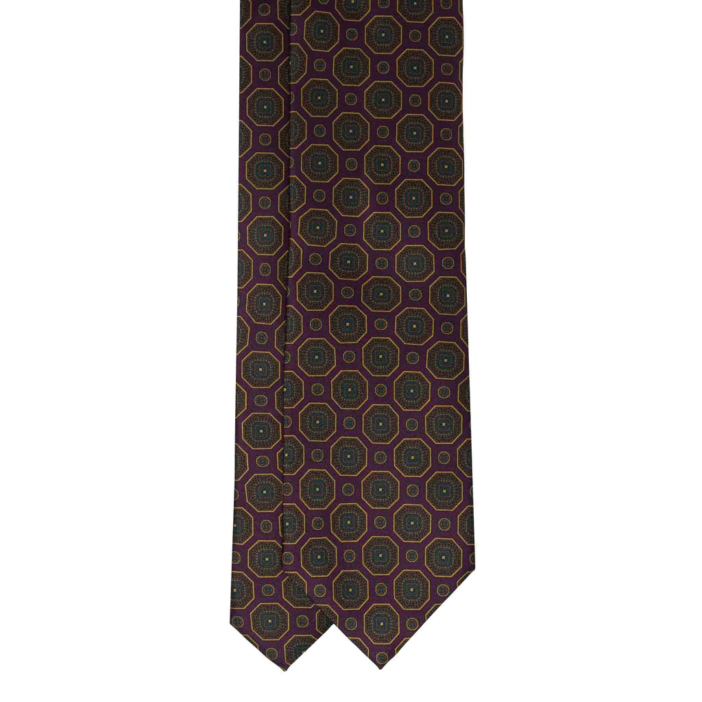 Burgundy with Yellow Medallions Silk Tie Serà Fine Silk