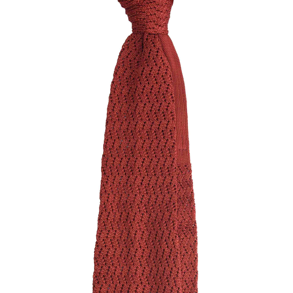 Burnt Red Zig Zag t V Point Knitted Tie Serà Fine Silk