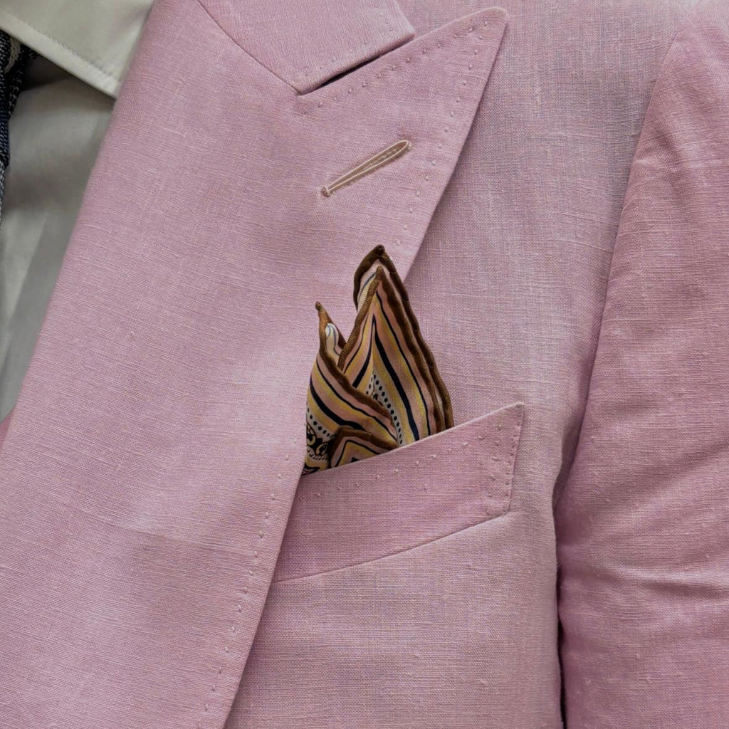Como Pink Silk Pocket Square matched with pink linen blazer
