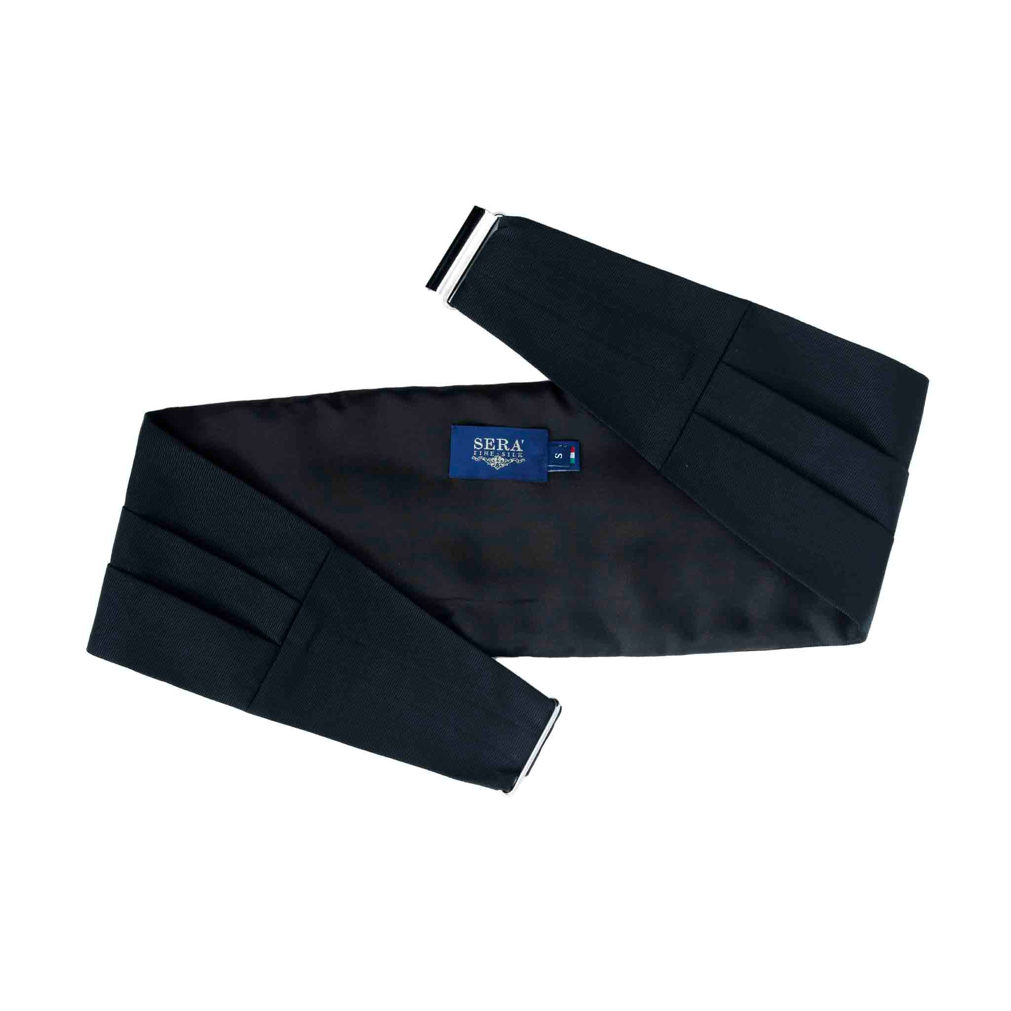 Cummerbund,Elegant Three Pleat Saxe Blue Silk Crepe De Chine Satin Backed Brass Cummerbund – Midnight Blue Silk Satin 5 Pleats - la Bowtique  main image 3
