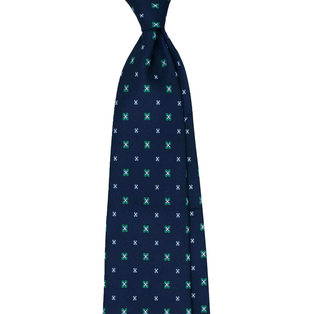Dark Blue Silk Tie with Green Pattern Serà Fine Silk