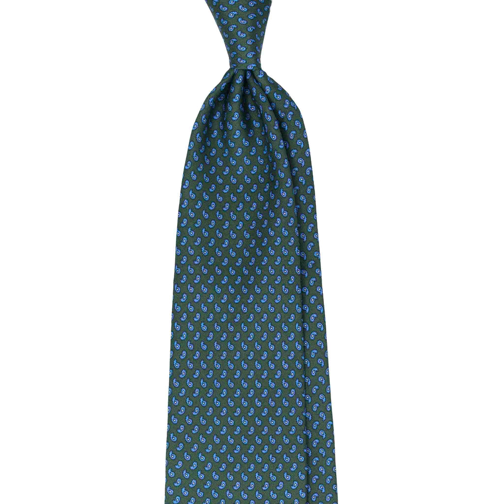 Green Silk Tie with Light Blue Paisley Serà Fine Silk